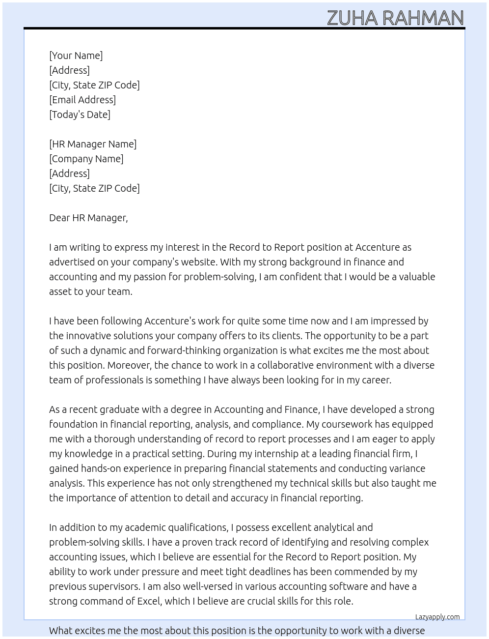 Record to Report At Accenture Cover Letter