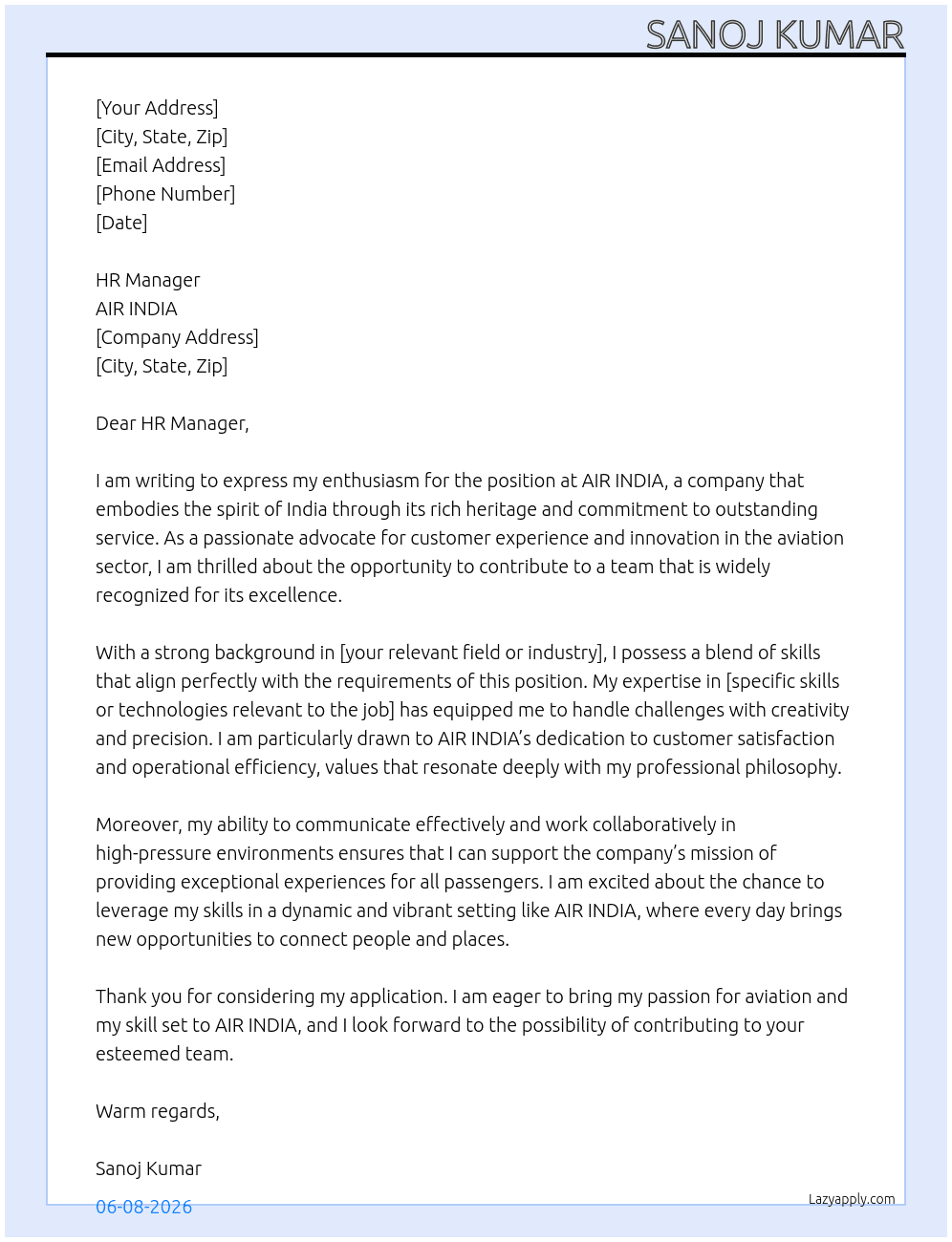 AIR INDIA  At AIR INDIA  Cover Letter