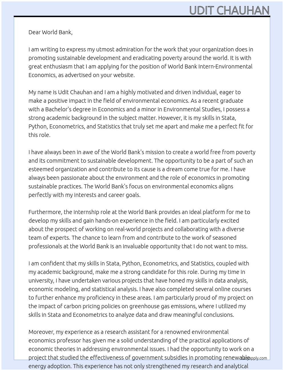 Cover letter for world bank intern-environmental economics - LazyApply