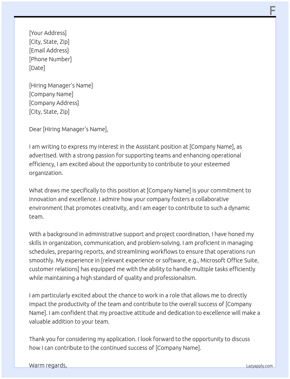 Assistant At f Cover Letter