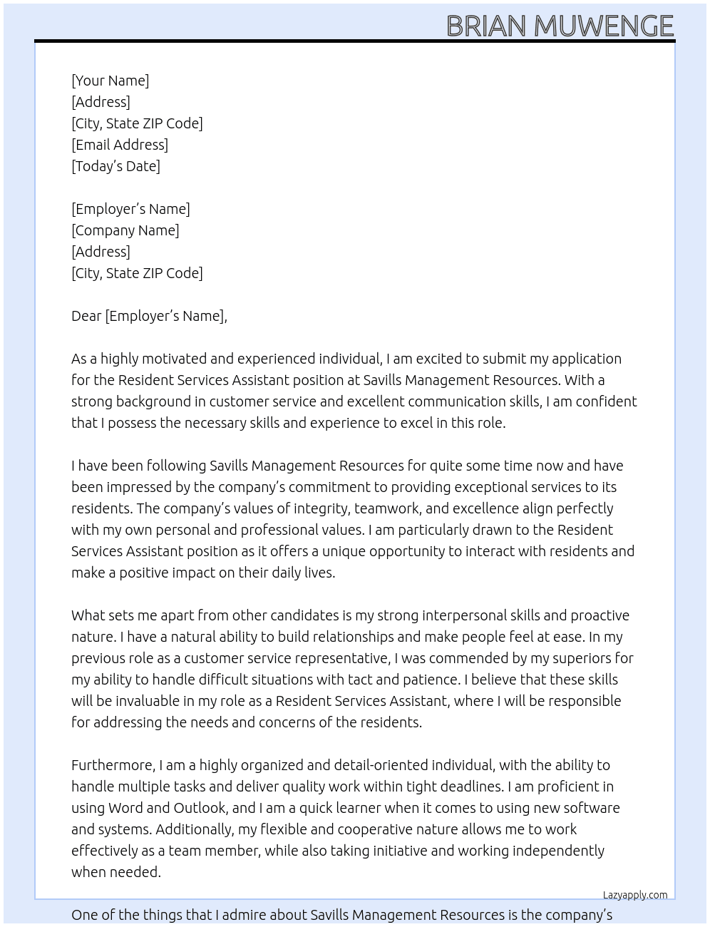 Resident Services Assistant At Savills Management Resources Cover Letter