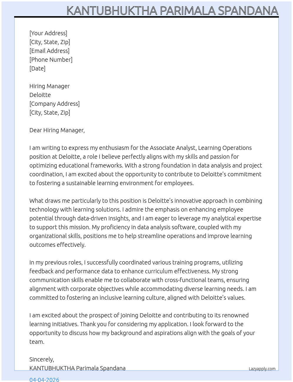 Cover letter for associate analyst learning operations - LazyApply