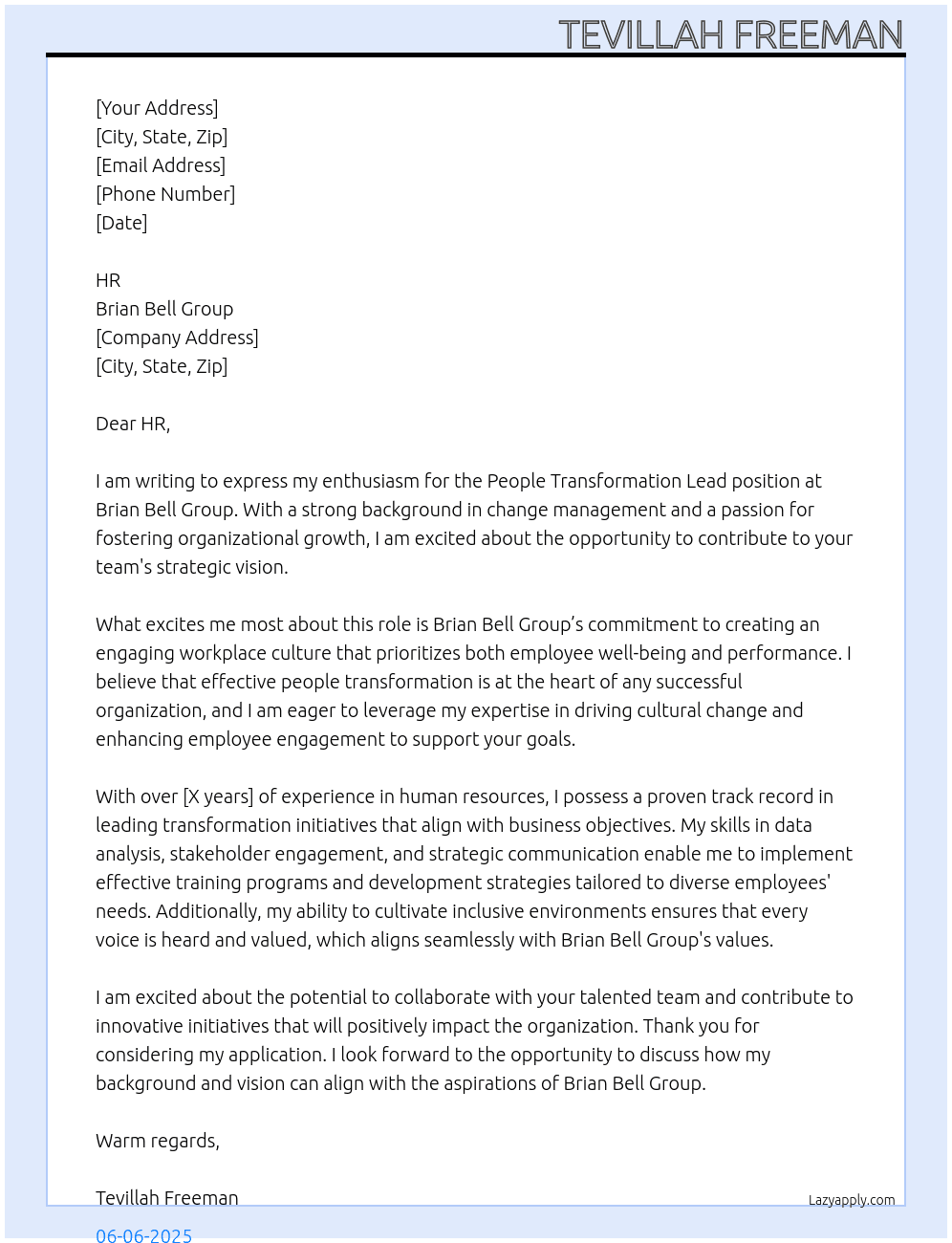 People Transformation lead At Brian Bell Group Cover Letter