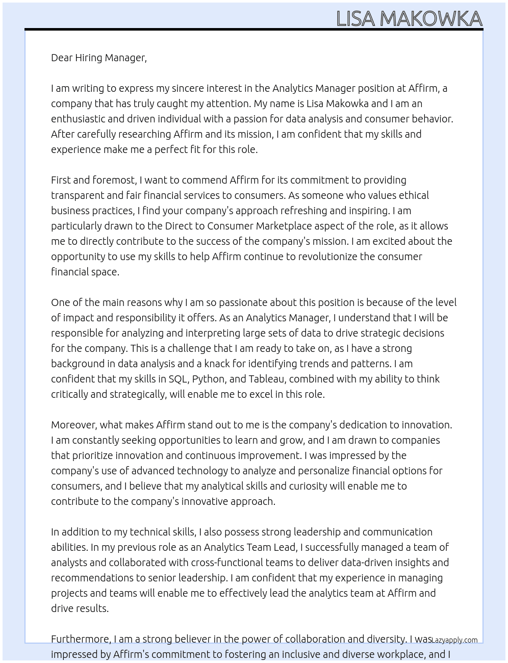 Analytics Manager, Direct to Consumer Marketplace At Affirm Cover Letter