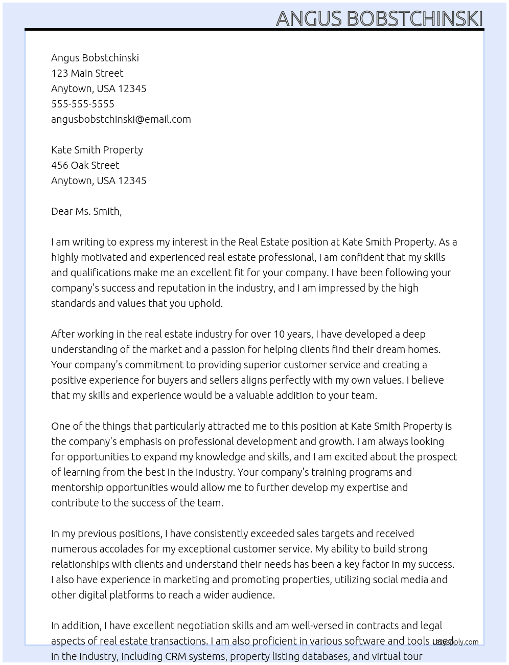 Real Estate At Kate Smith Property Cover Letter