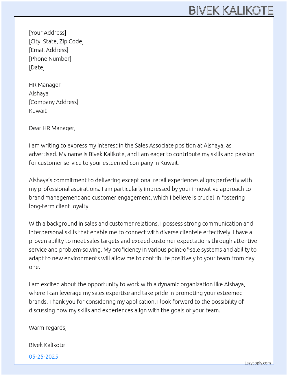 Sales Associate  At Alshaya Cover Letter