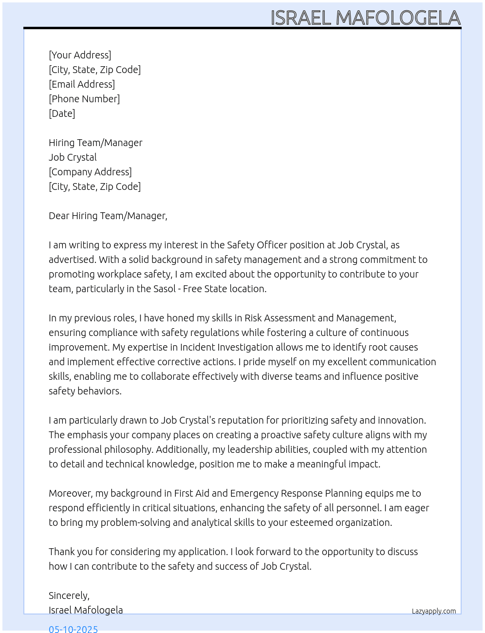 Safety Officer At Job Crystal Cover Letter