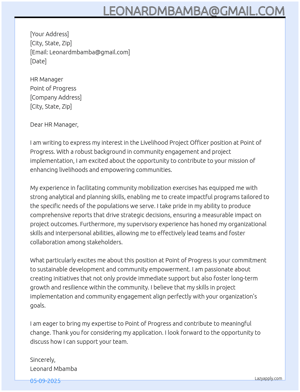 LIVELIHOOD PROJECT OFFICER At Point of progress  Cover Letter