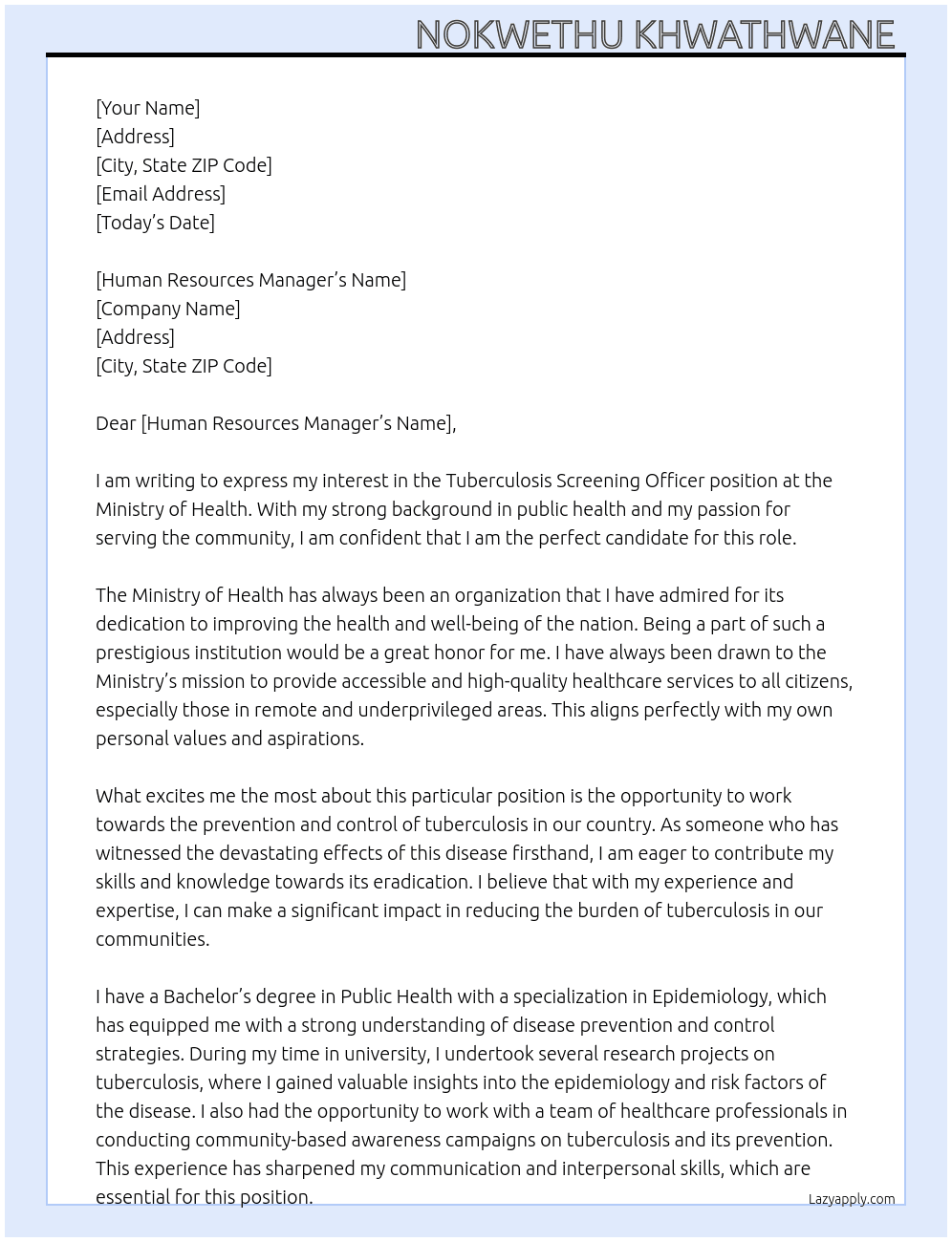 Cover letter for tuberculosis screening officer - LazyApply
