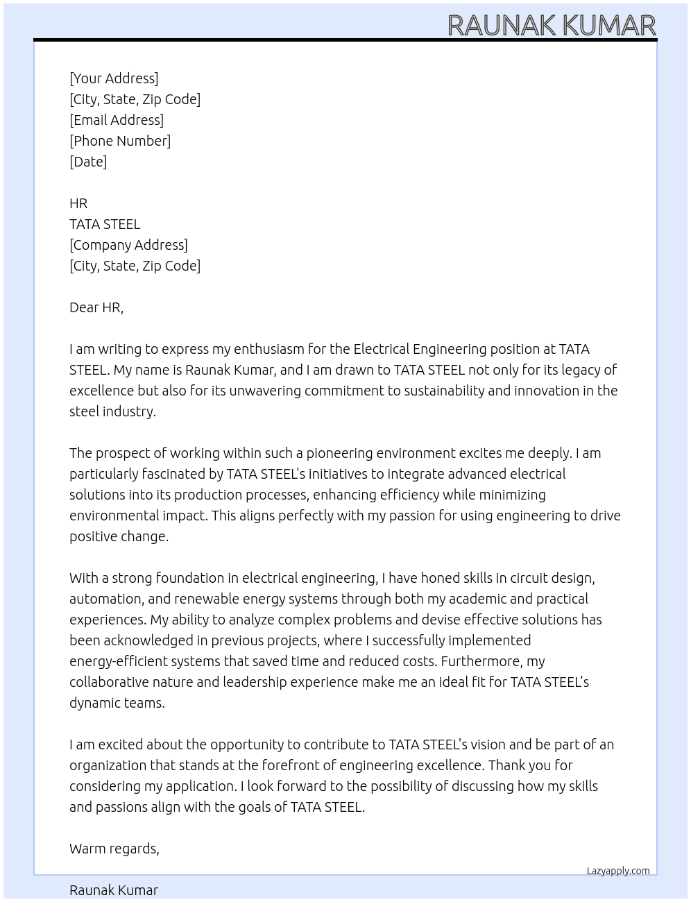 Electrical engineering  At TATA STEEL  Cover Letter