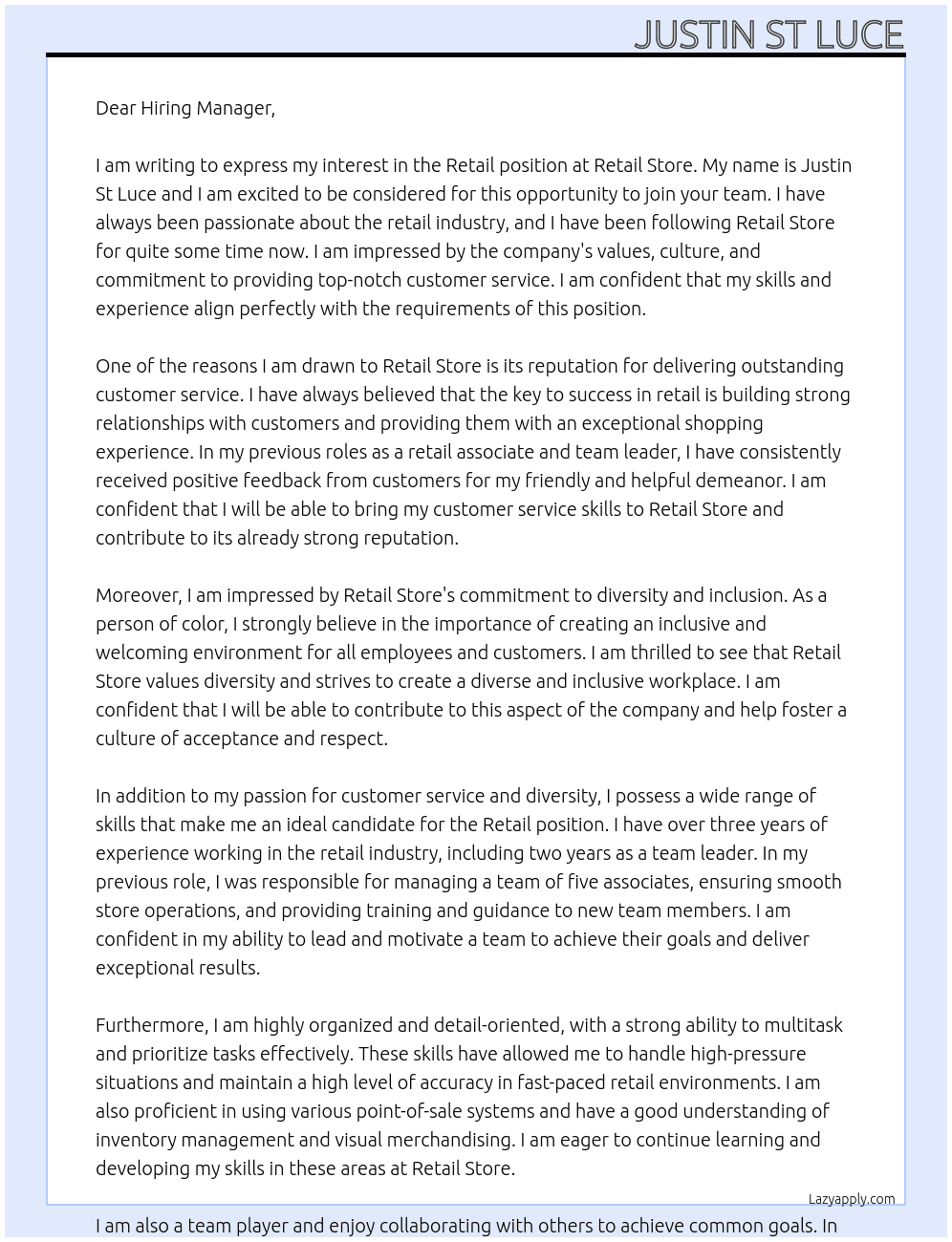 Retail  At Retail store  Cover Letter