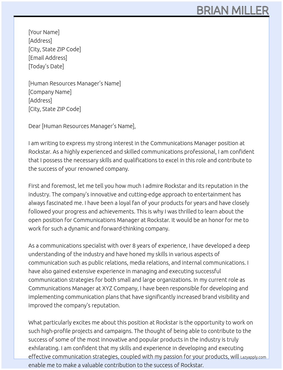Communications Manager At Rockstar Cover Letter