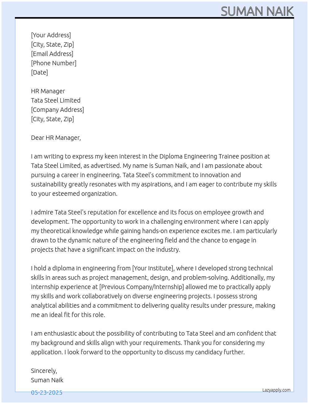 Diploma engineering trainee At Tata steel limited Cover Letter