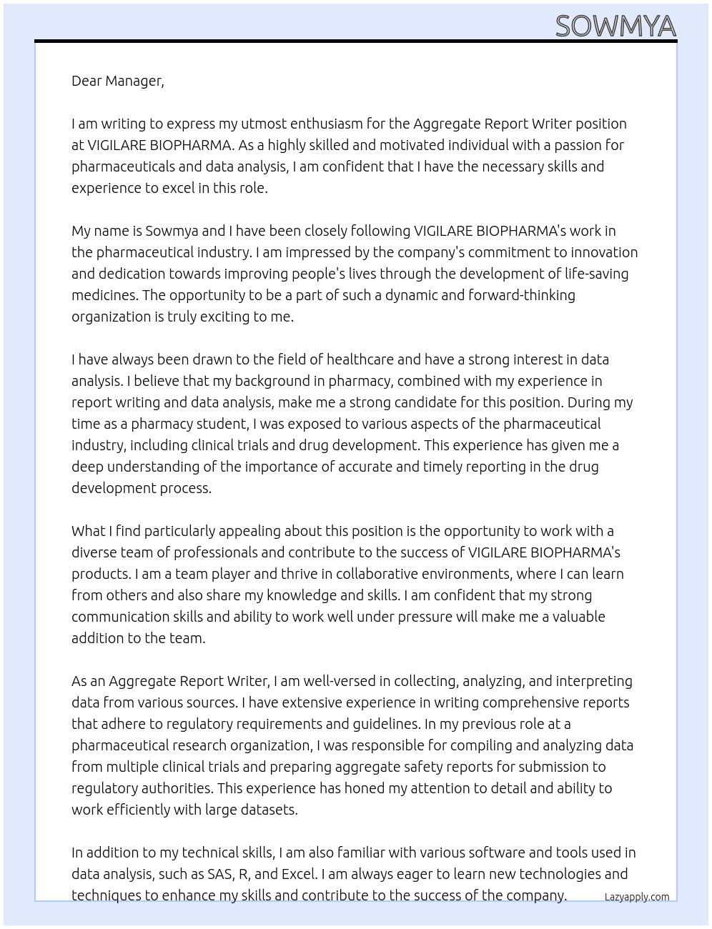 Cover letter for aggregate report writer - LazyApply