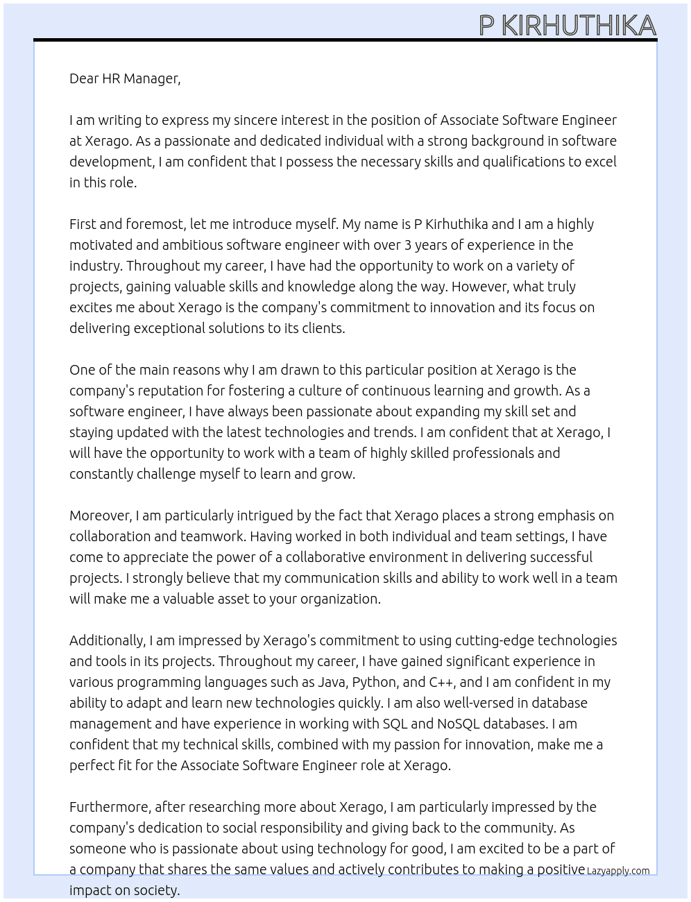 Associate Software Engineer At xerago Cover Letter