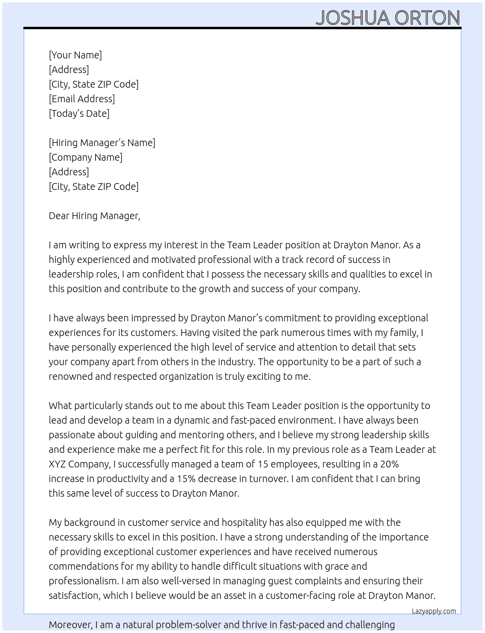 Team Leader At Drayton Manor Cover Letter