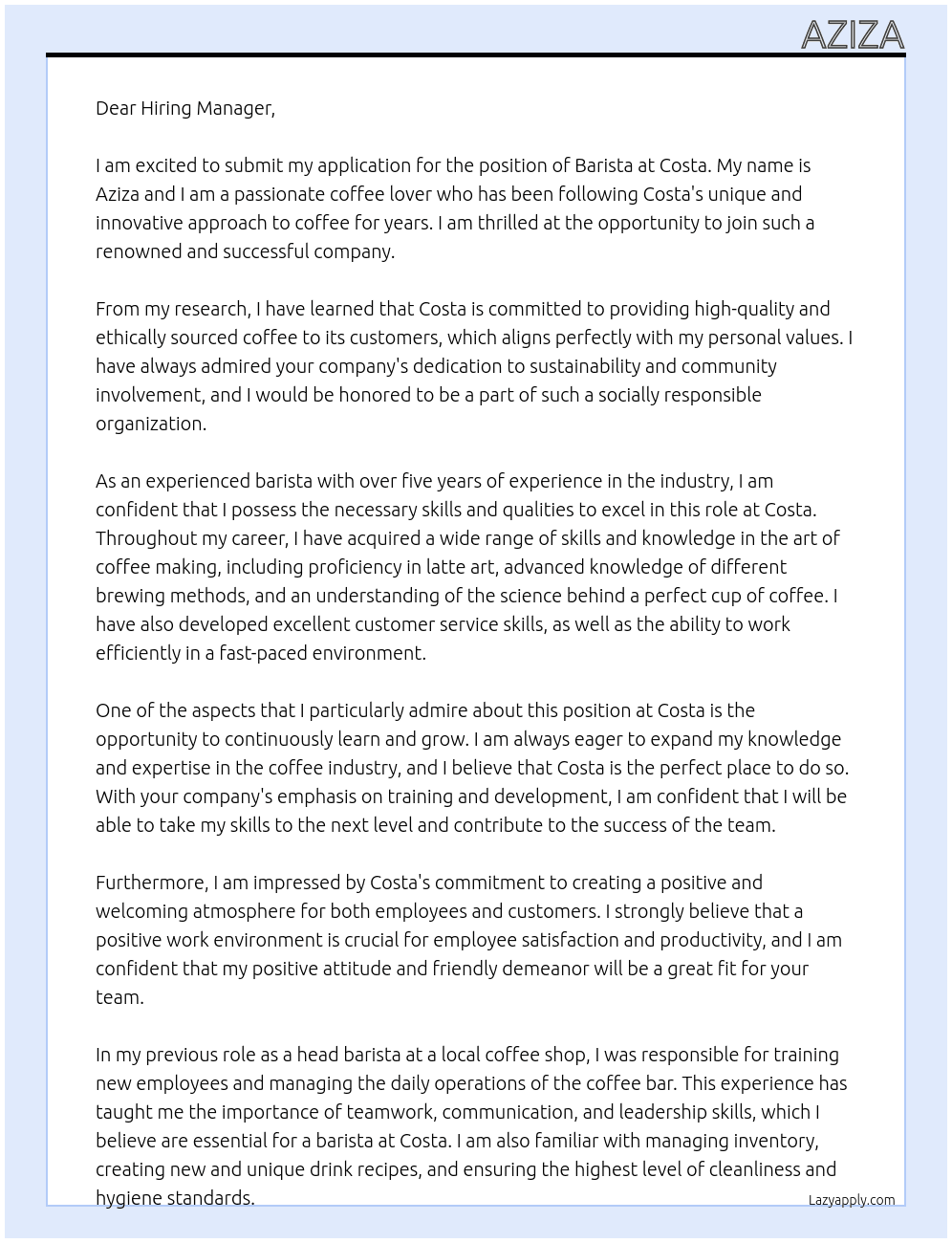 barista At Costa  Cover Letter