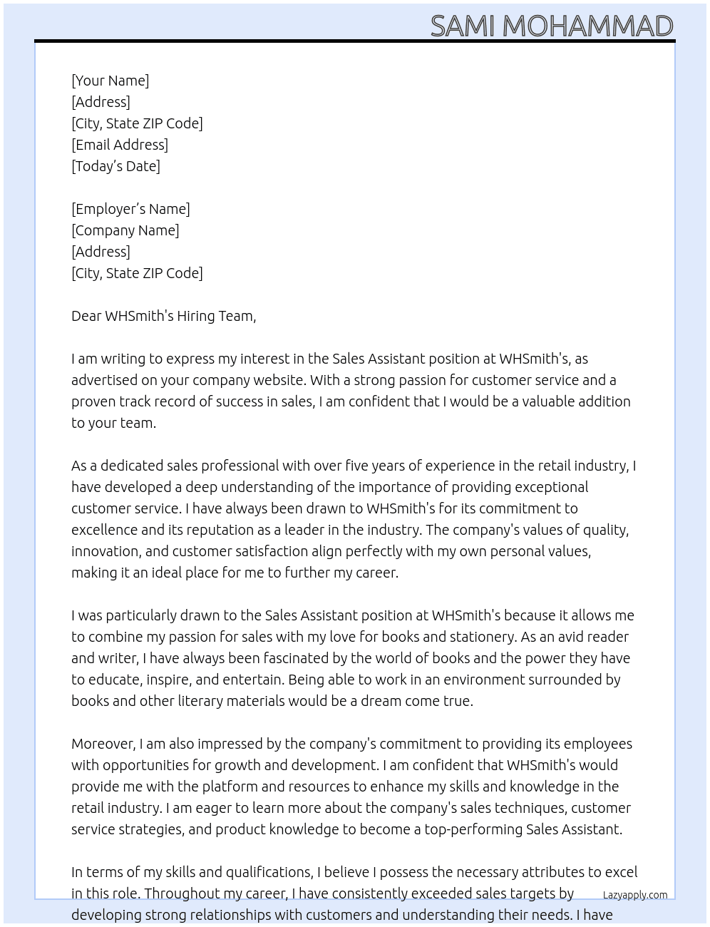Sales Assistant At WHSmith's Cover Letter