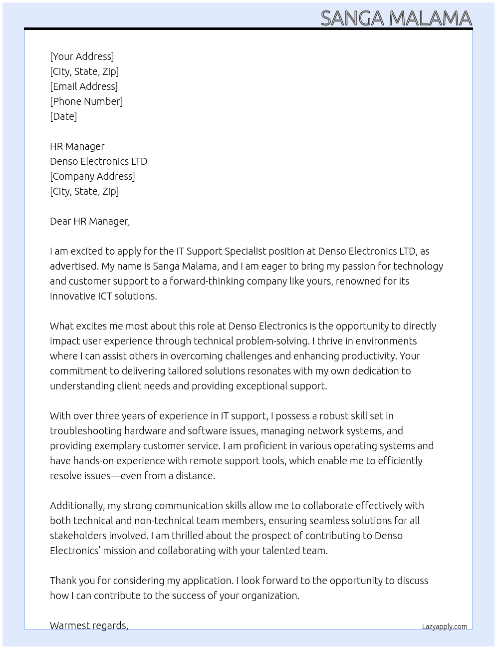 IT Support Specialist At Denso Electronics LTD (ICT Solution Provider) Cover Letter
