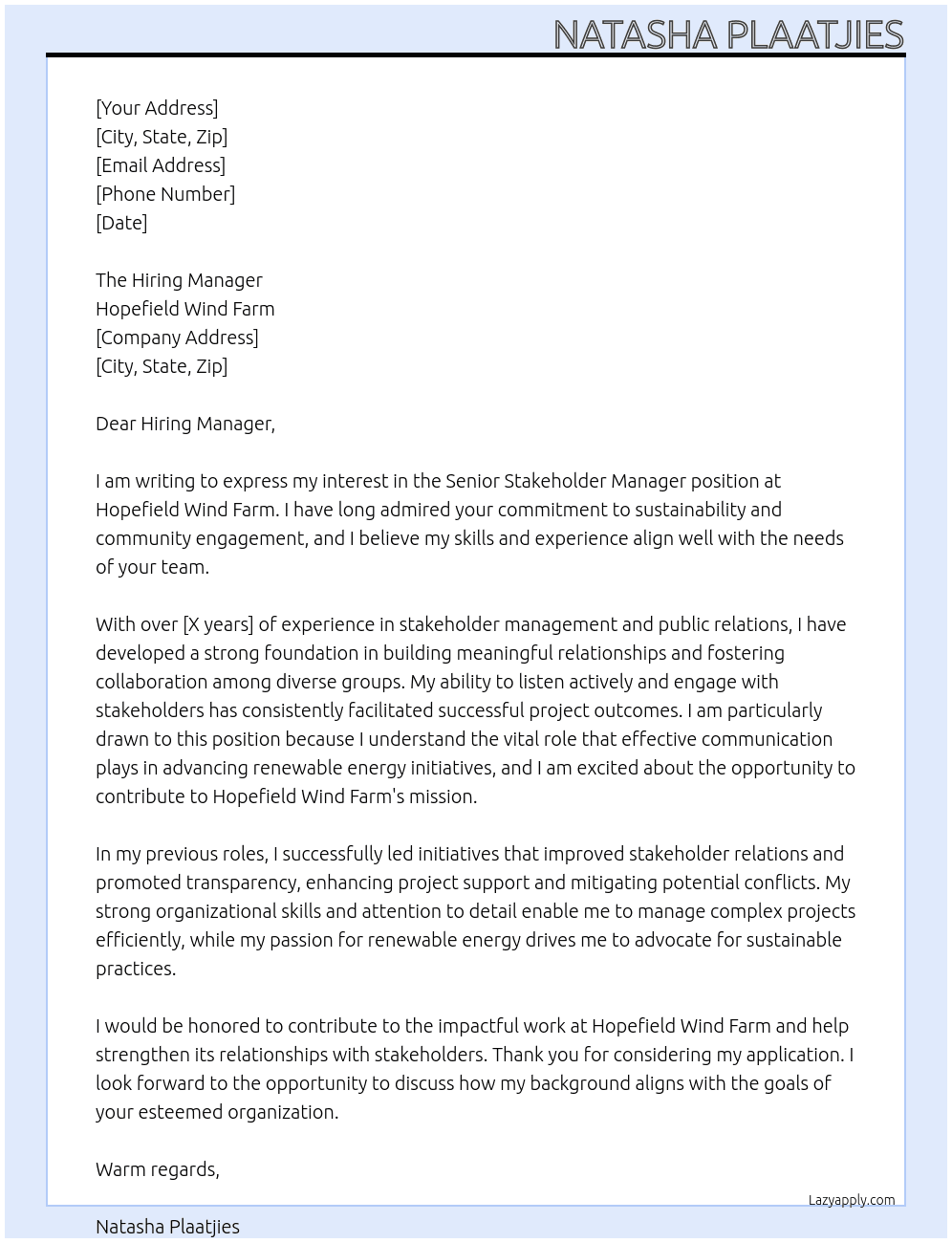 Senior Stakeholder Manager At Hopefield Wind Farm Cover Letter