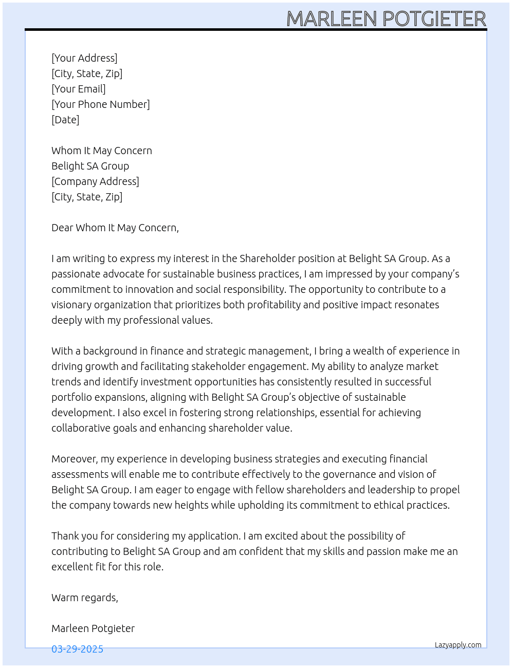 Shareholder At Belight SA Group Cover Letter