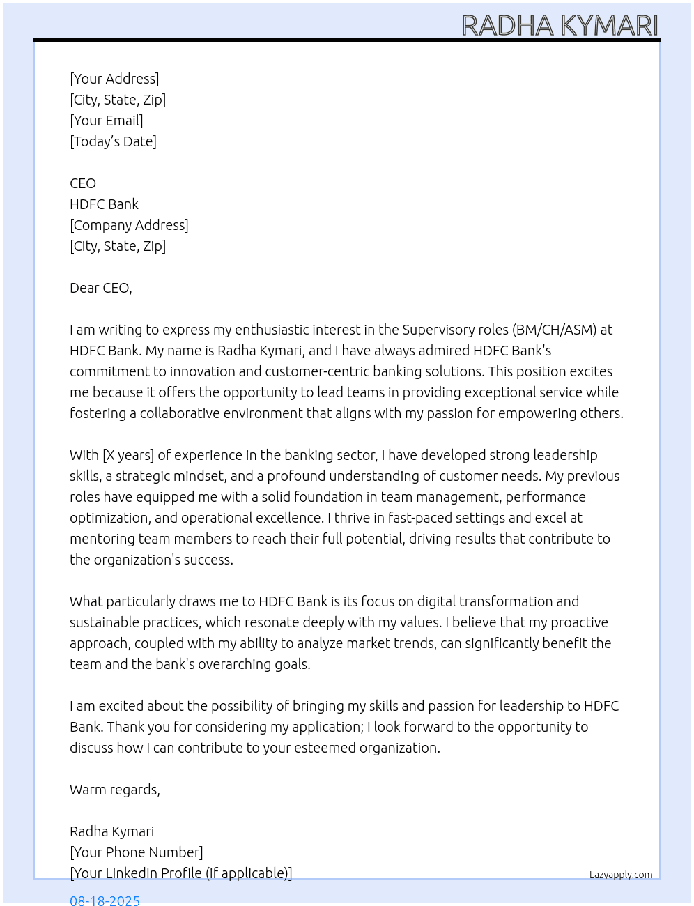 Supervisory roles- BM/CH/ASM At HDFC bank Cover Letter