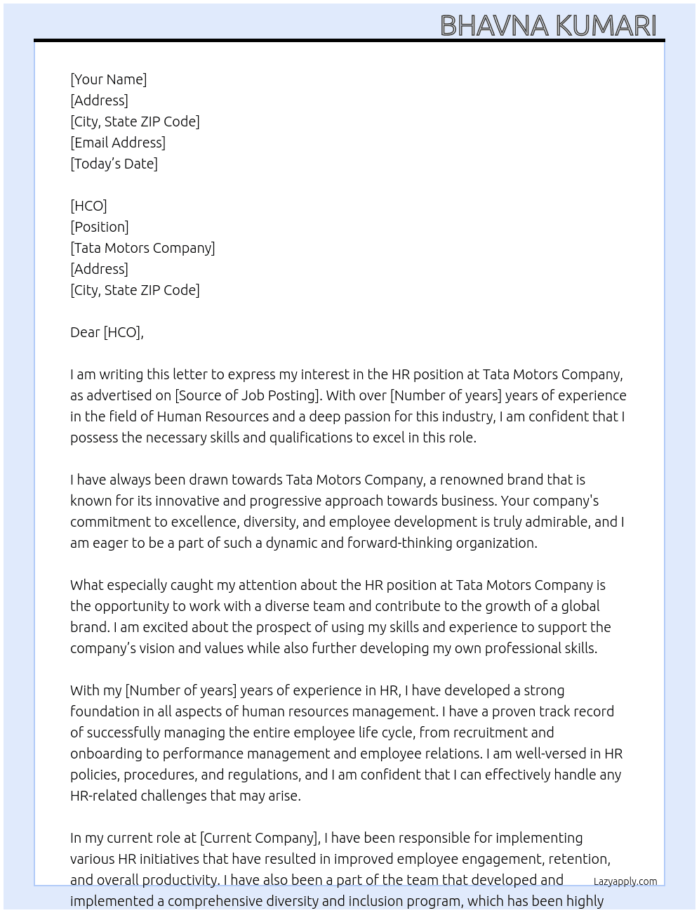 HR At Tata Motors Company  Cover Letter