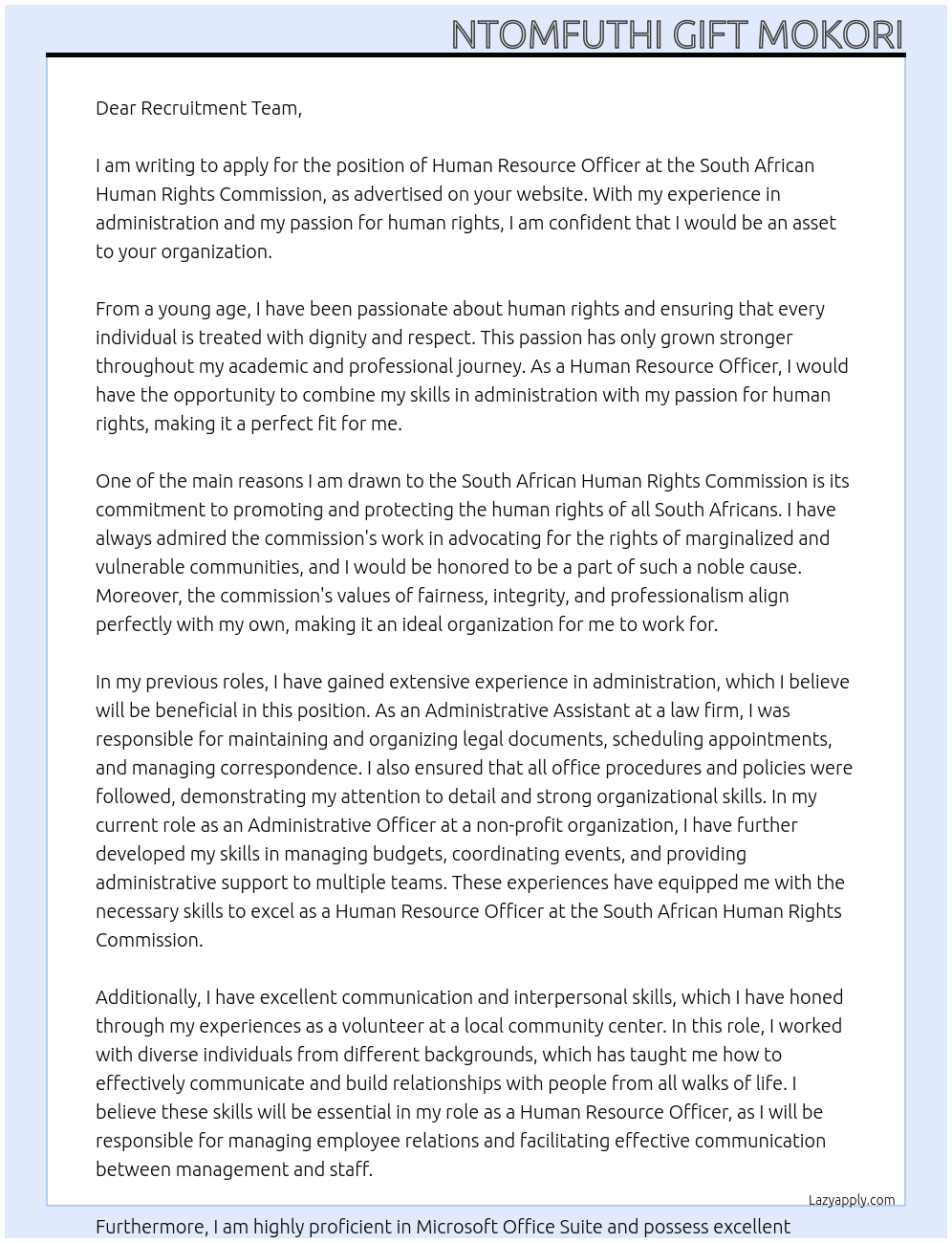 Human Resource Officer At South African Human Rights Commission Cover Letter