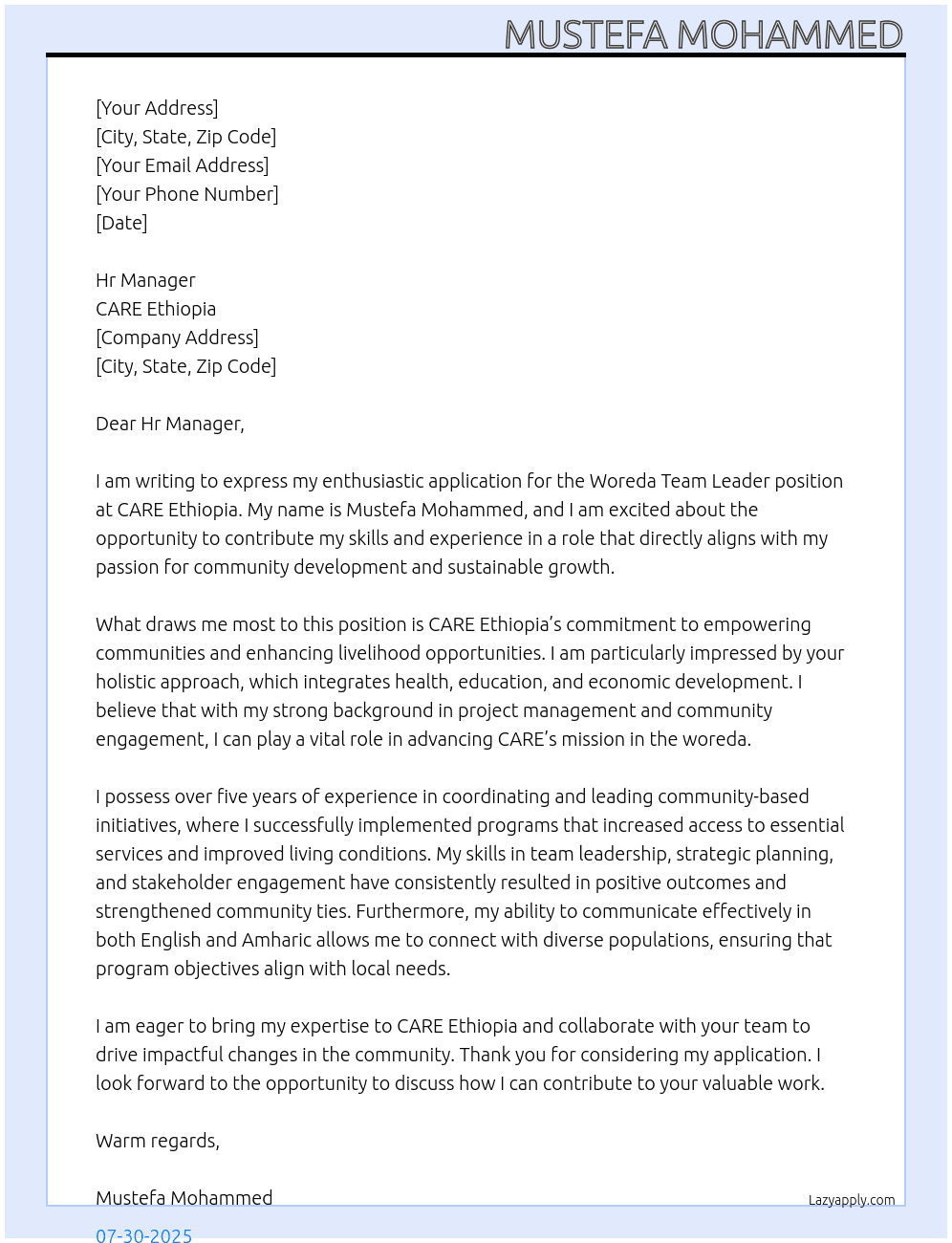 Woreda Team Leader At CARE Ethiopia Cover Letter