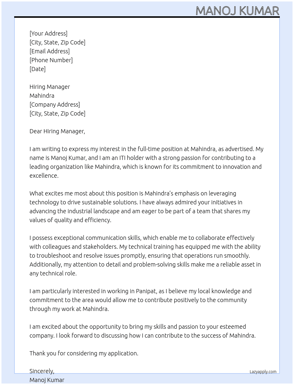 Cover letter for iti holder - LazyApply