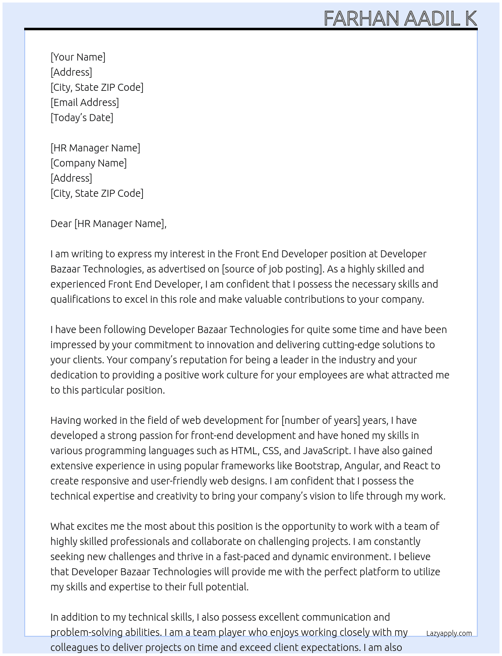 Front End Developer At Developer Bazaar Technologies  Cover Letter