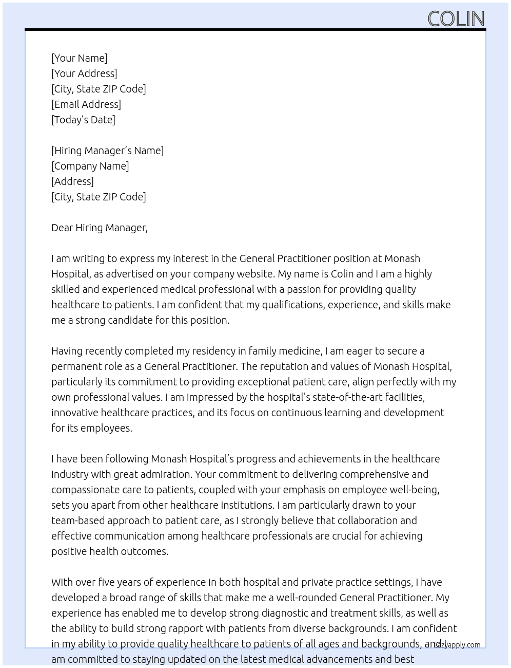 General Practioner At Monash Hospital Cover Letter