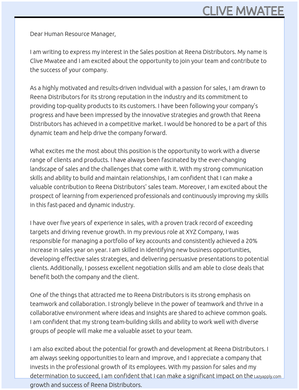 sales At Reena Distributors Cover Letter