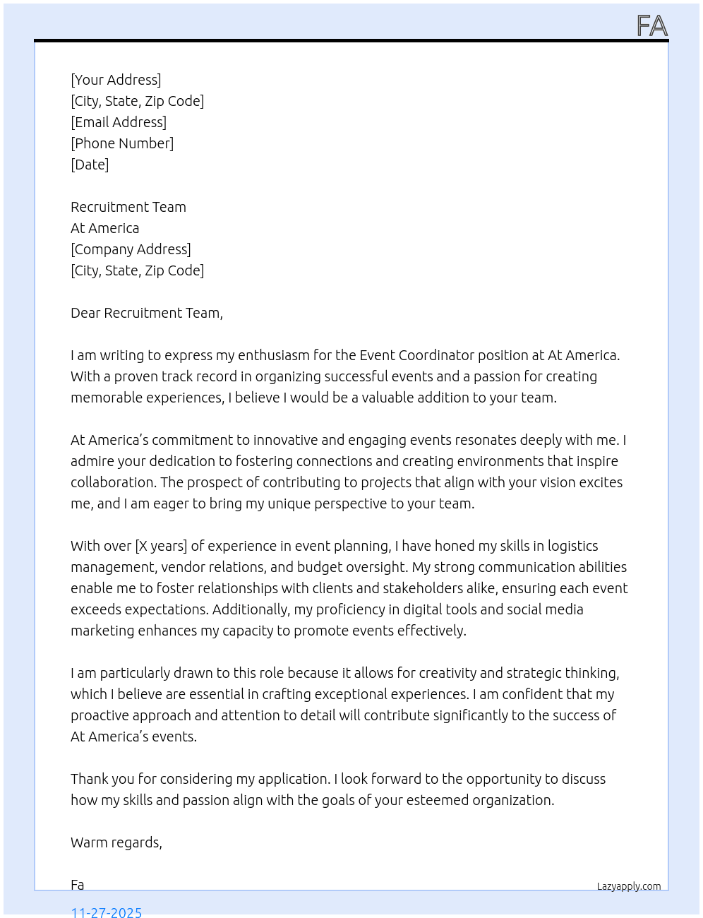 Event coordinator At At America Cover Letter