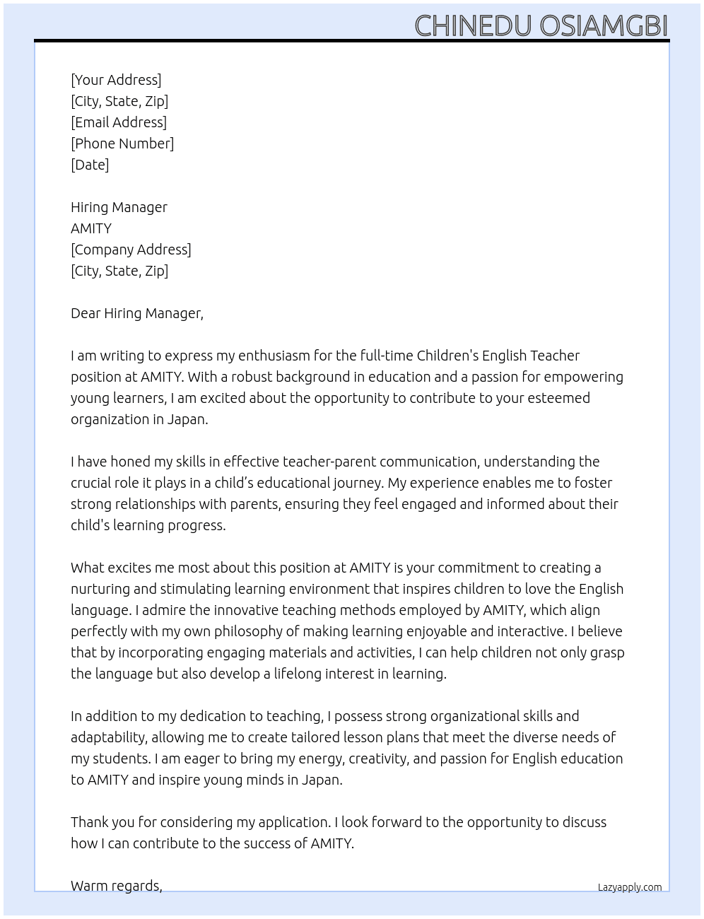 CHILDREN'S ENGLISH TEACHER  At AMITY  Cover Letter