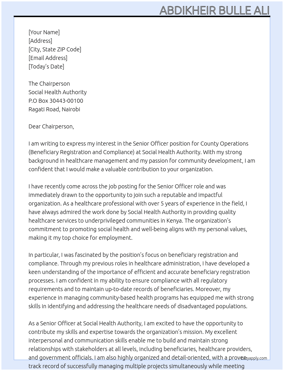 Senior officer, county operations (beneficiary registration and compliance) At Social Health Authority  Cover Letter