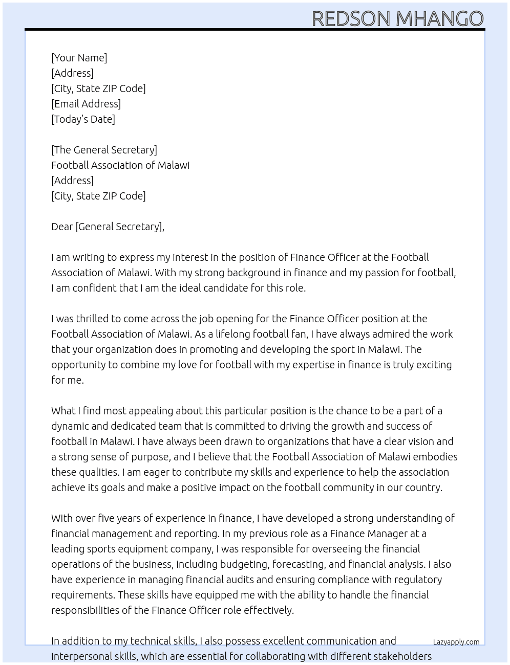 Finance Officer At Football Association of Malwi Cover Letter