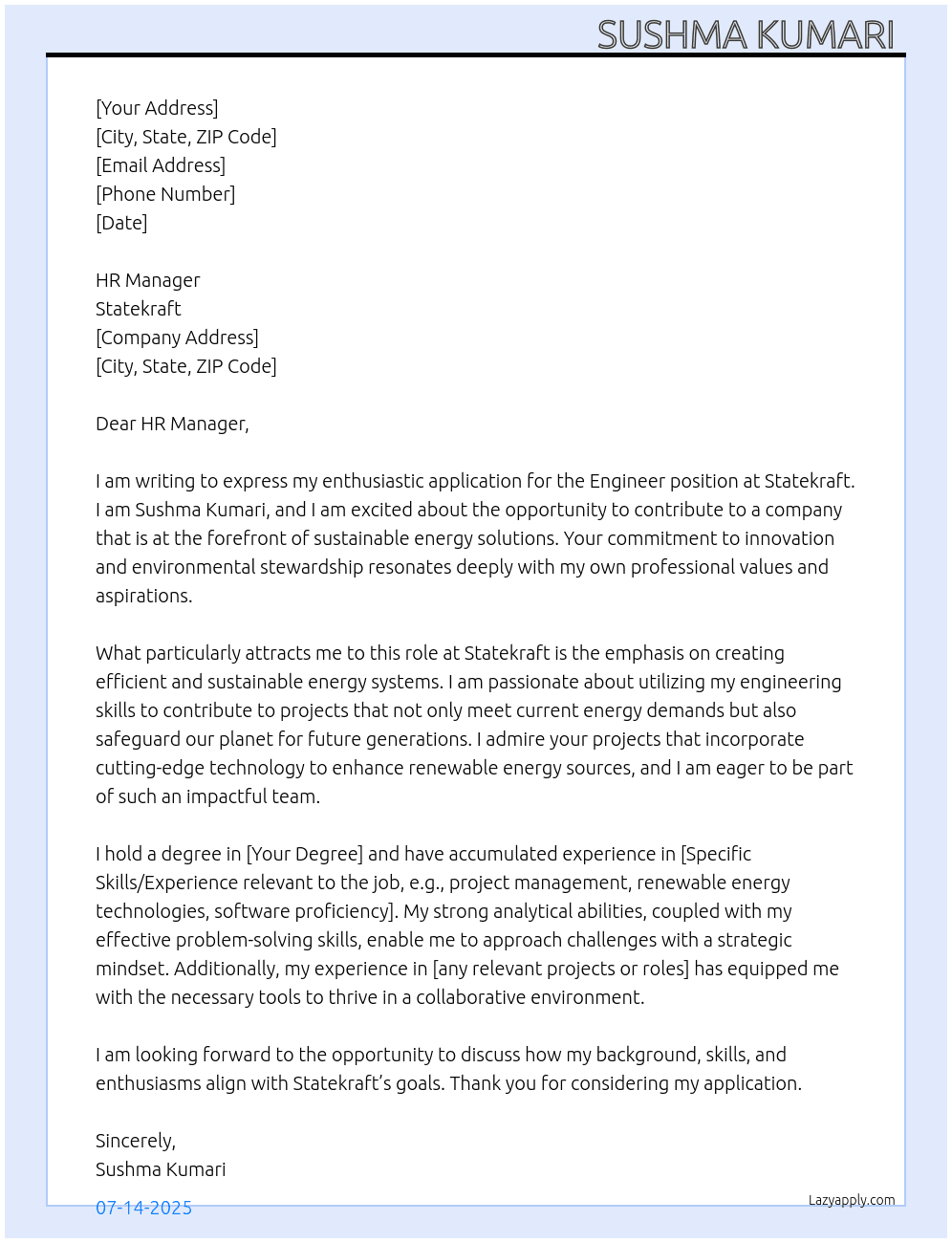 Engineer  At Statekraft Cover Letter