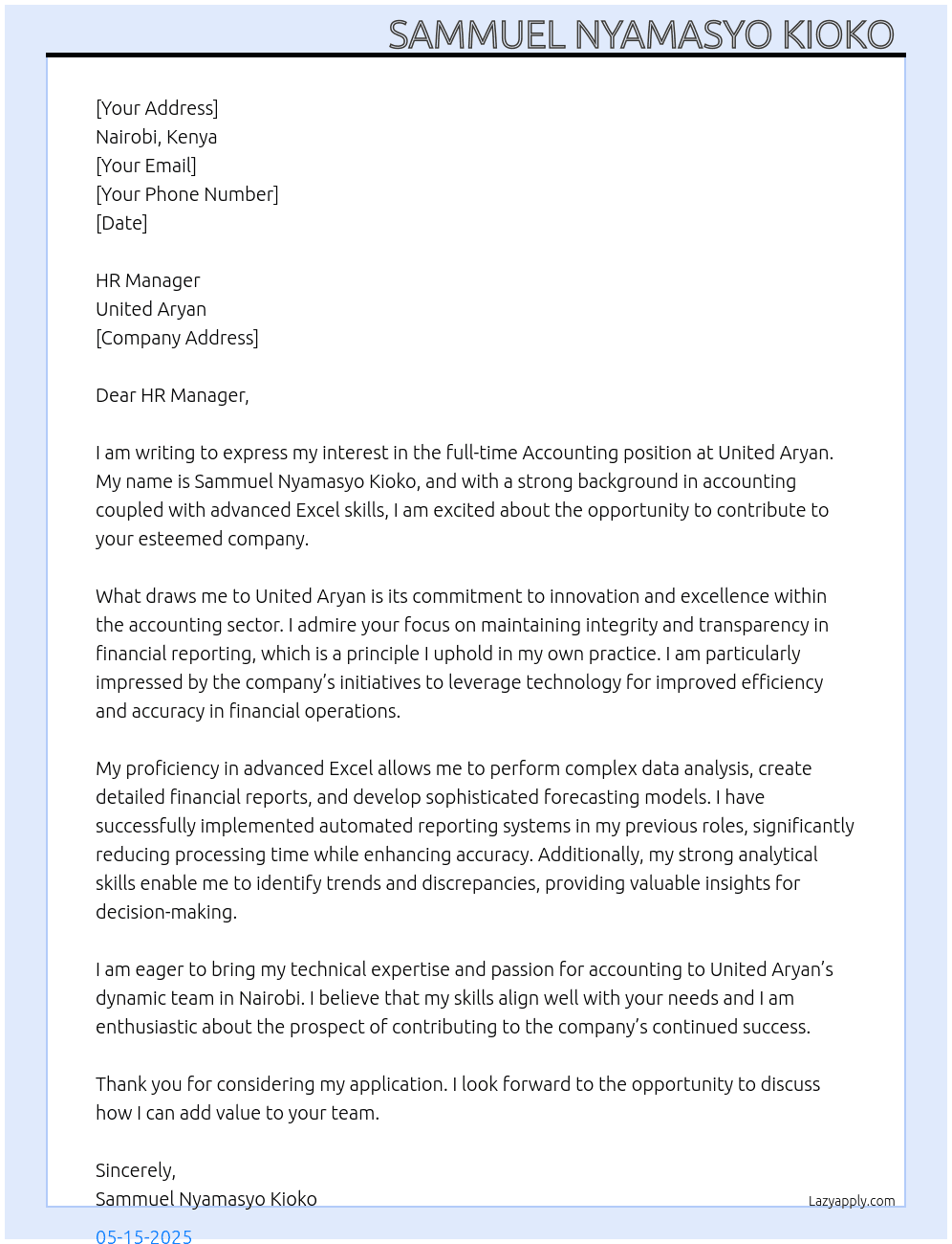 Accounting  At United Aryan Cover Letter