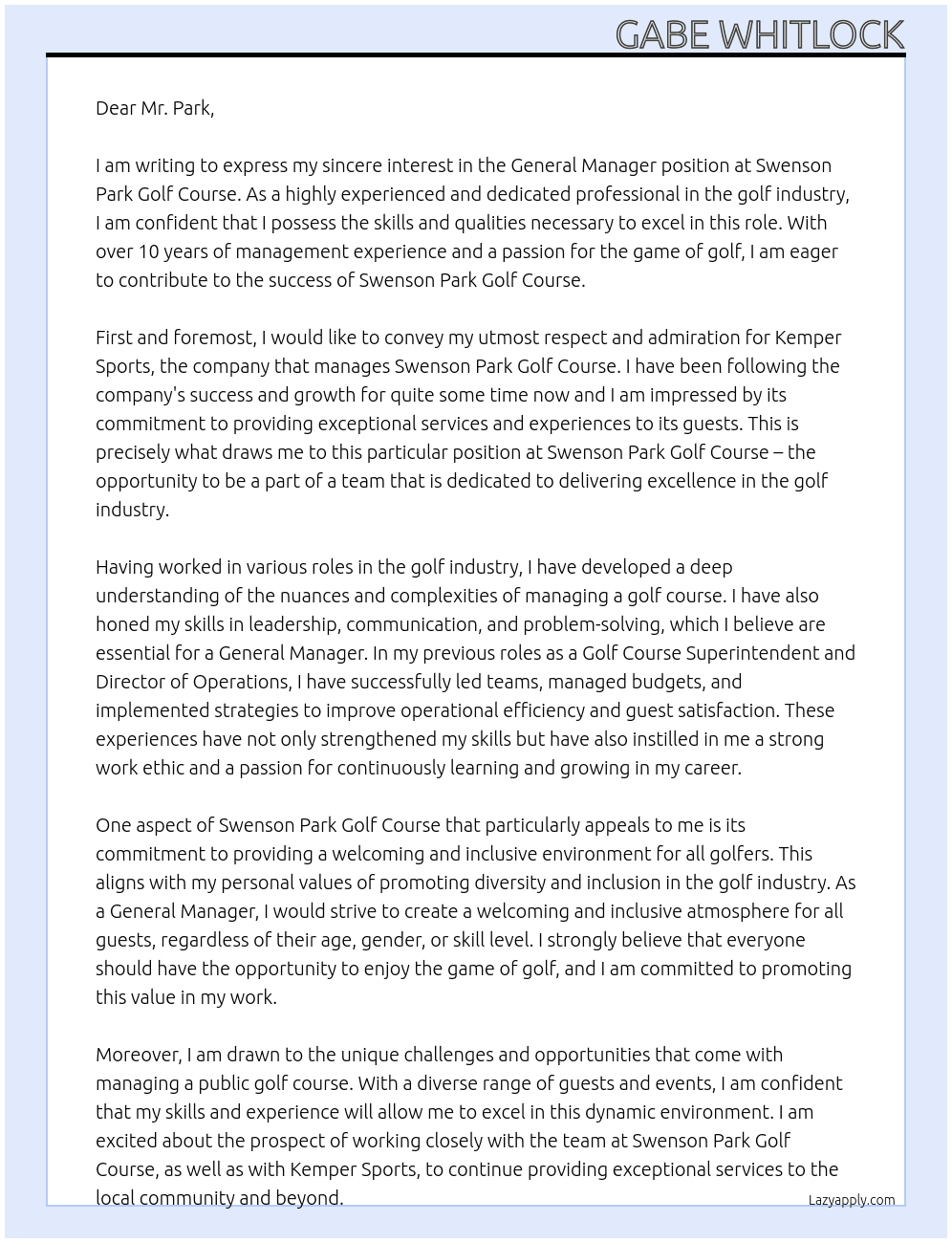 General manager At Kemper Sports Cover Letter