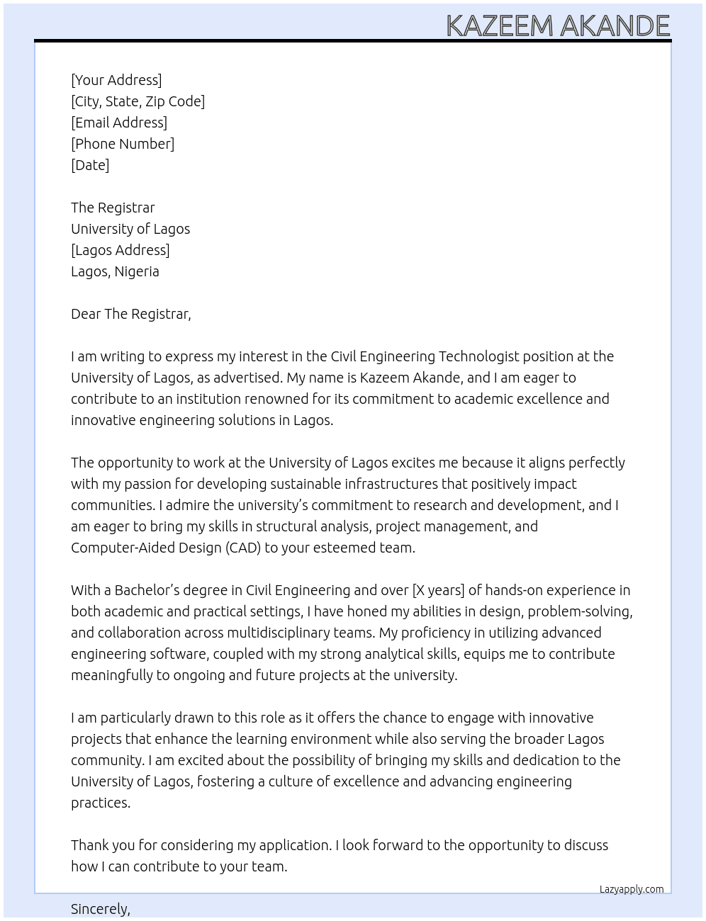 Cover letter for civil engineering technologist - LazyApply