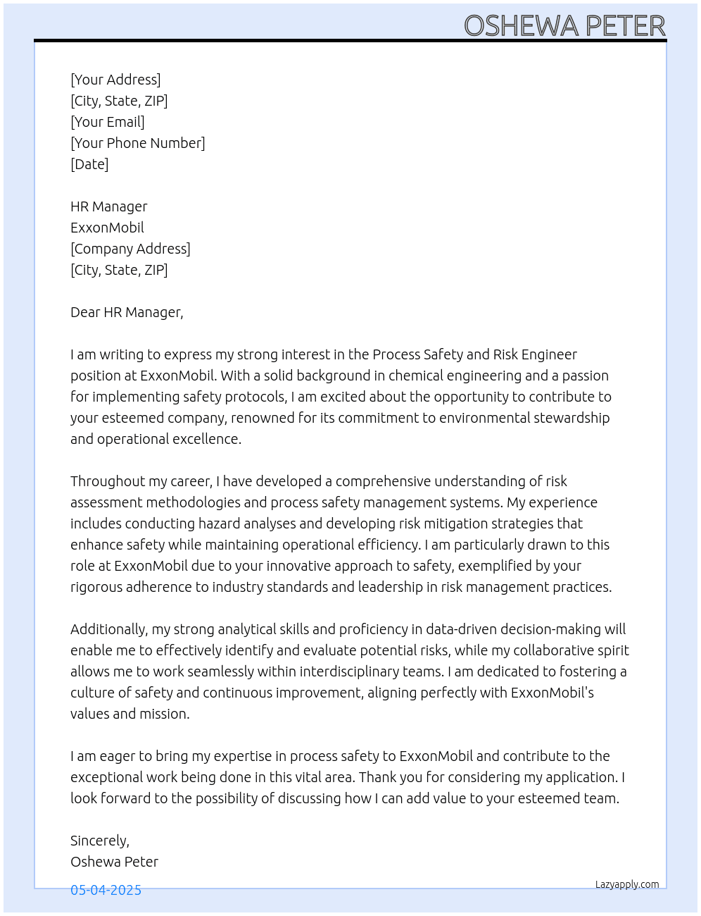Cover letter for process safety and risk engineer - LazyApply