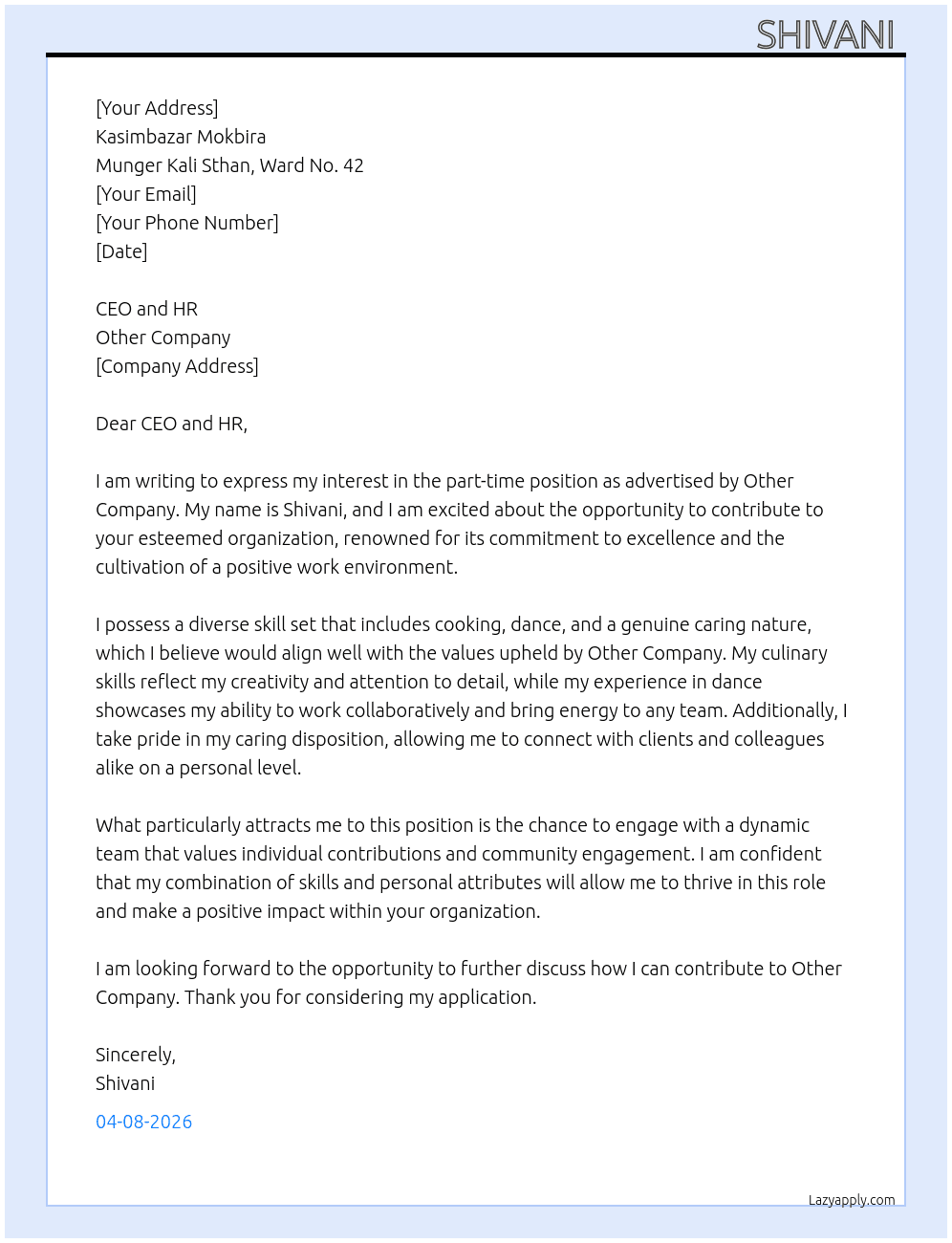 Cover letter for other job - LazyApply