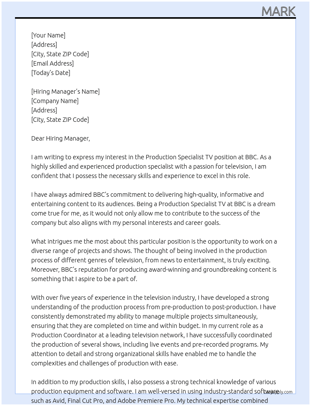 Production Specialist TV At BBC Cover Letter