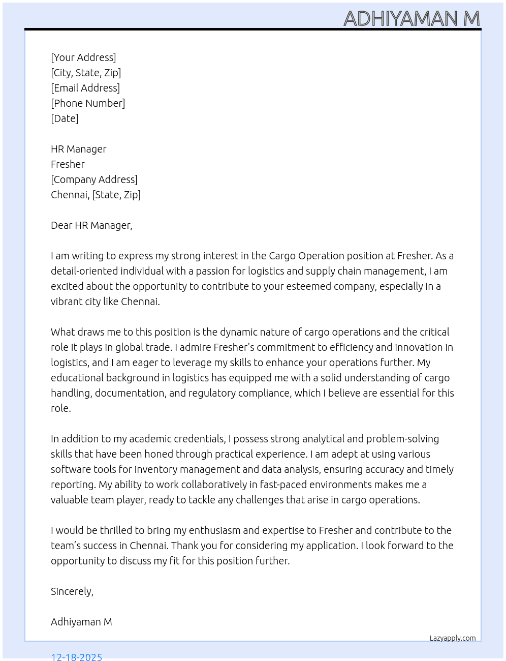 Cargo operation At Fresher  Cover Letter