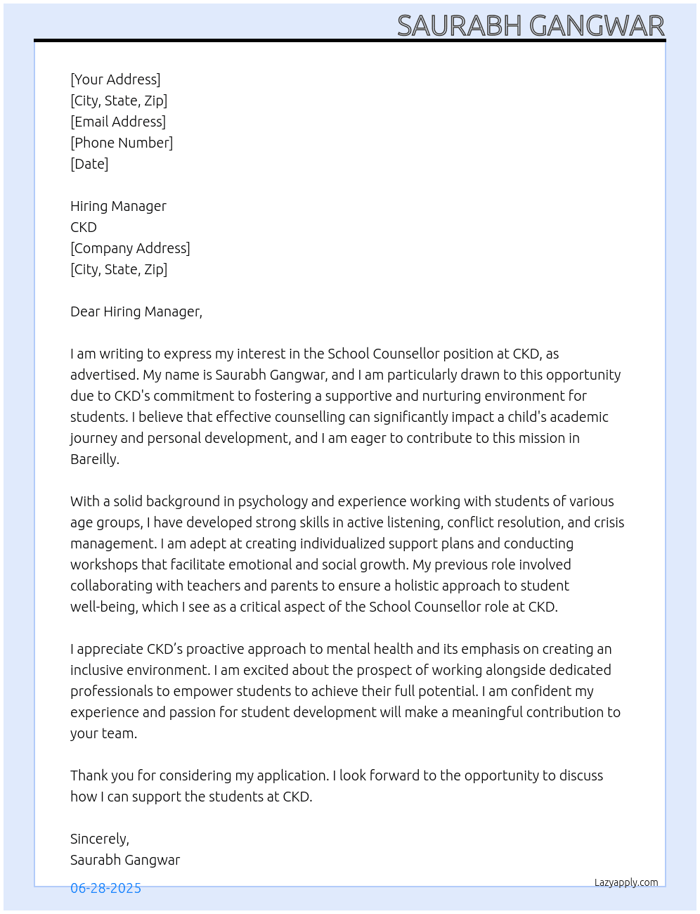 school counsellor At ckd Cover Letter