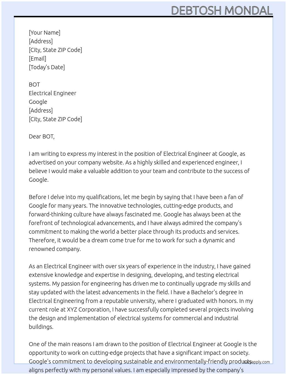 ELECTRICAL ENGINEER At GOOGLE Cover Letter