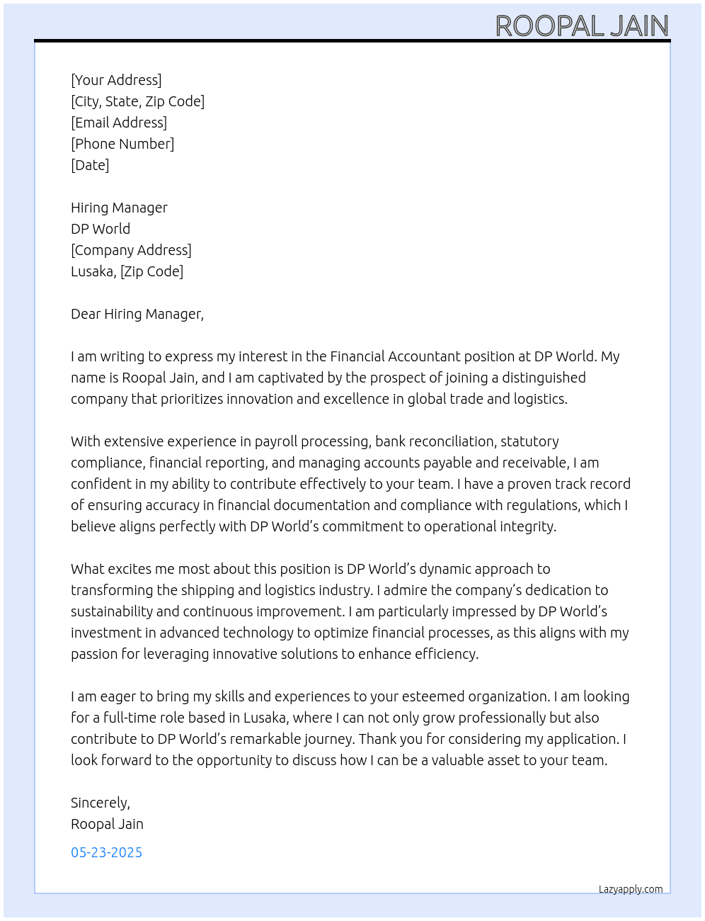 Financial Accountant At DP World Cover Letter