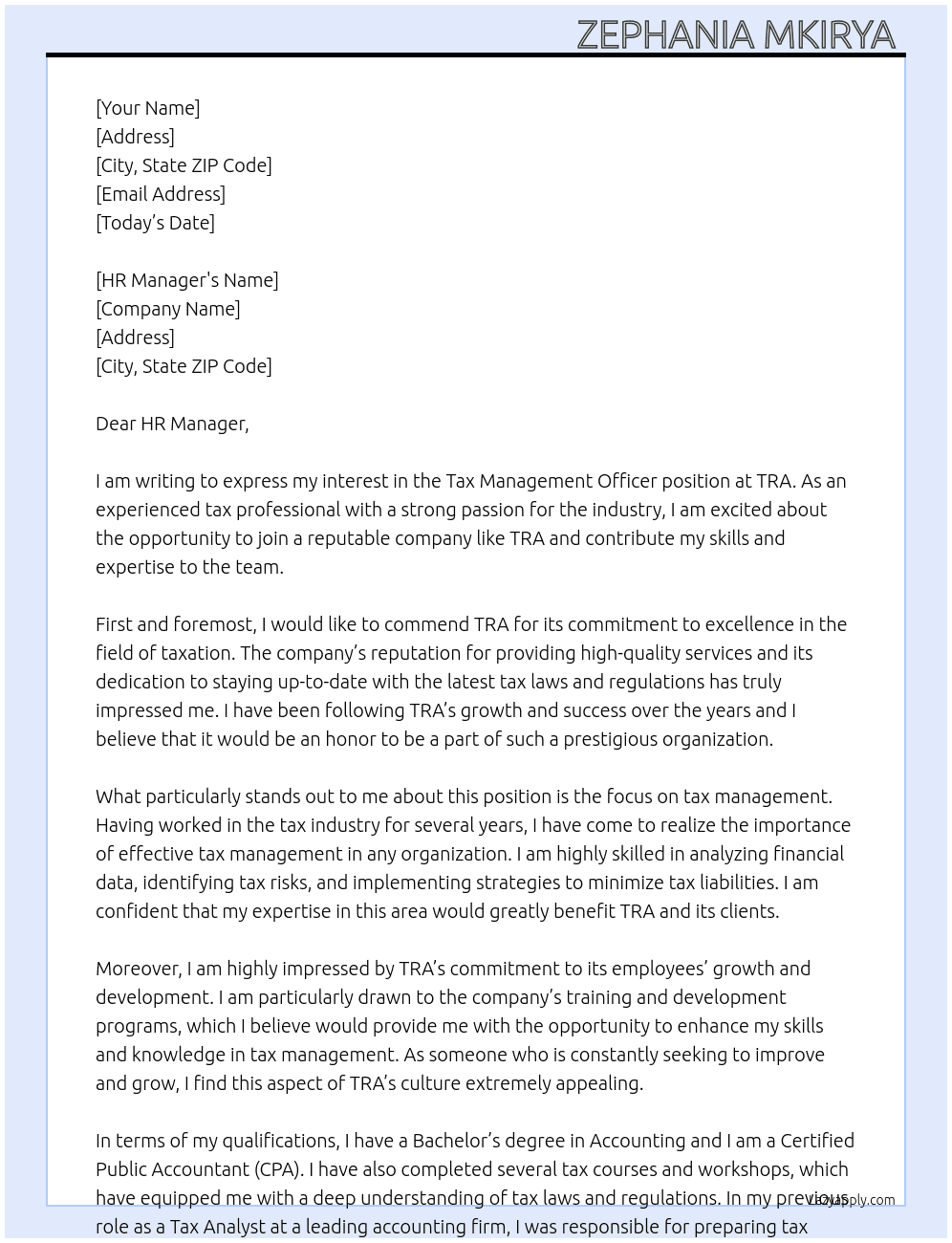 Tax management officer  At TRA Cover Letter