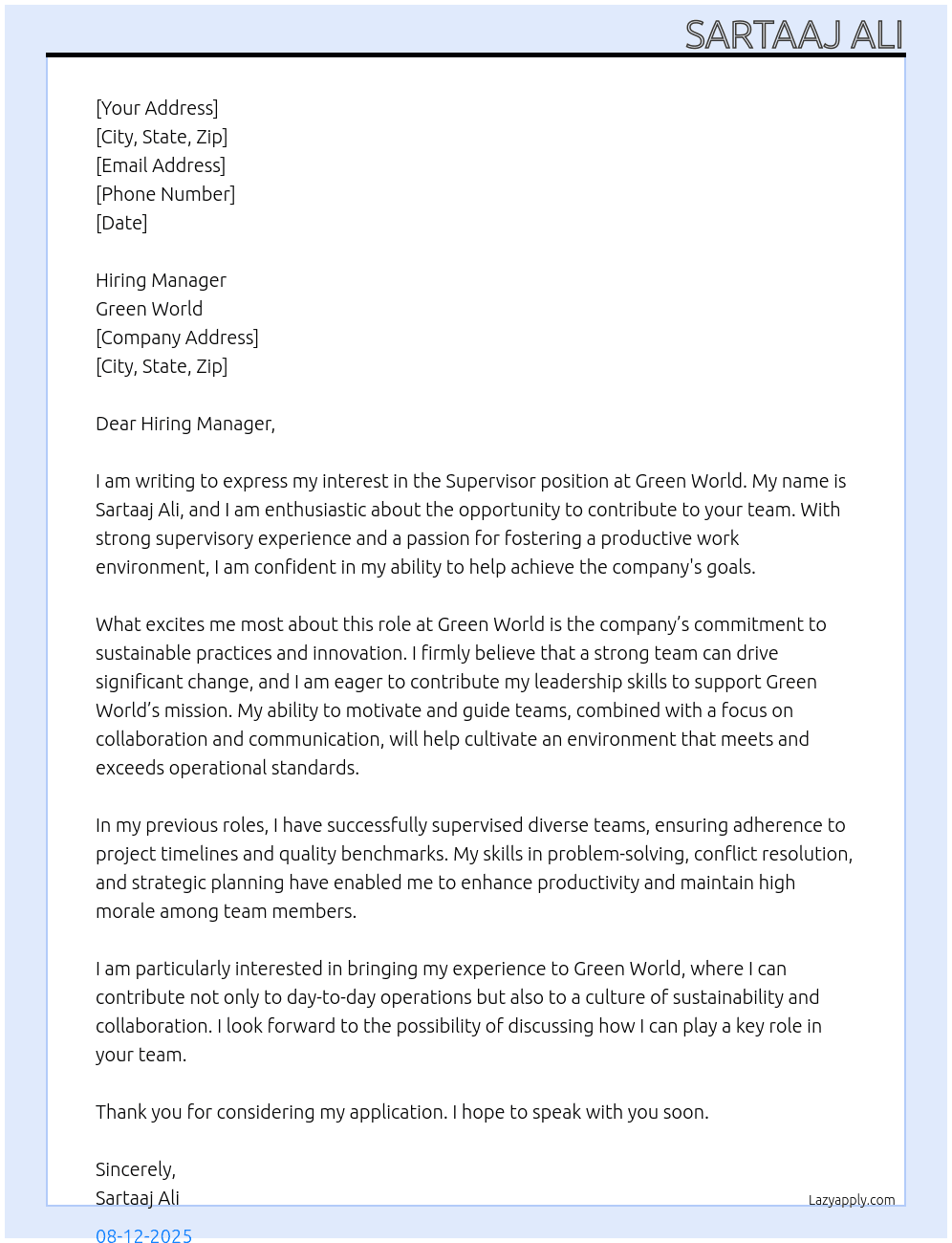Supervisor  At Green world  Cover Letter